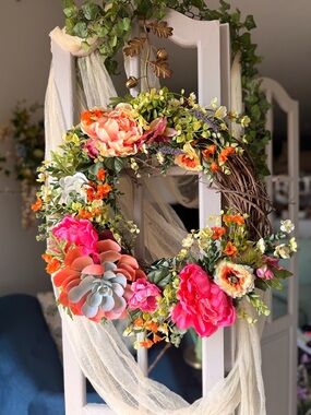 Handmade Vibrant Pink & Orange Floral Spring and Summer Succulent Wreath